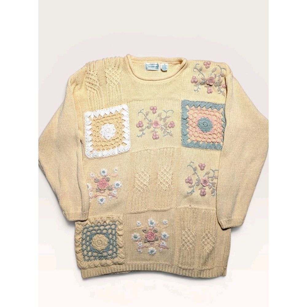 VTG Shenanigans Cottagecore‎ Knit Sweater Floral Crochet Patchwork Medium